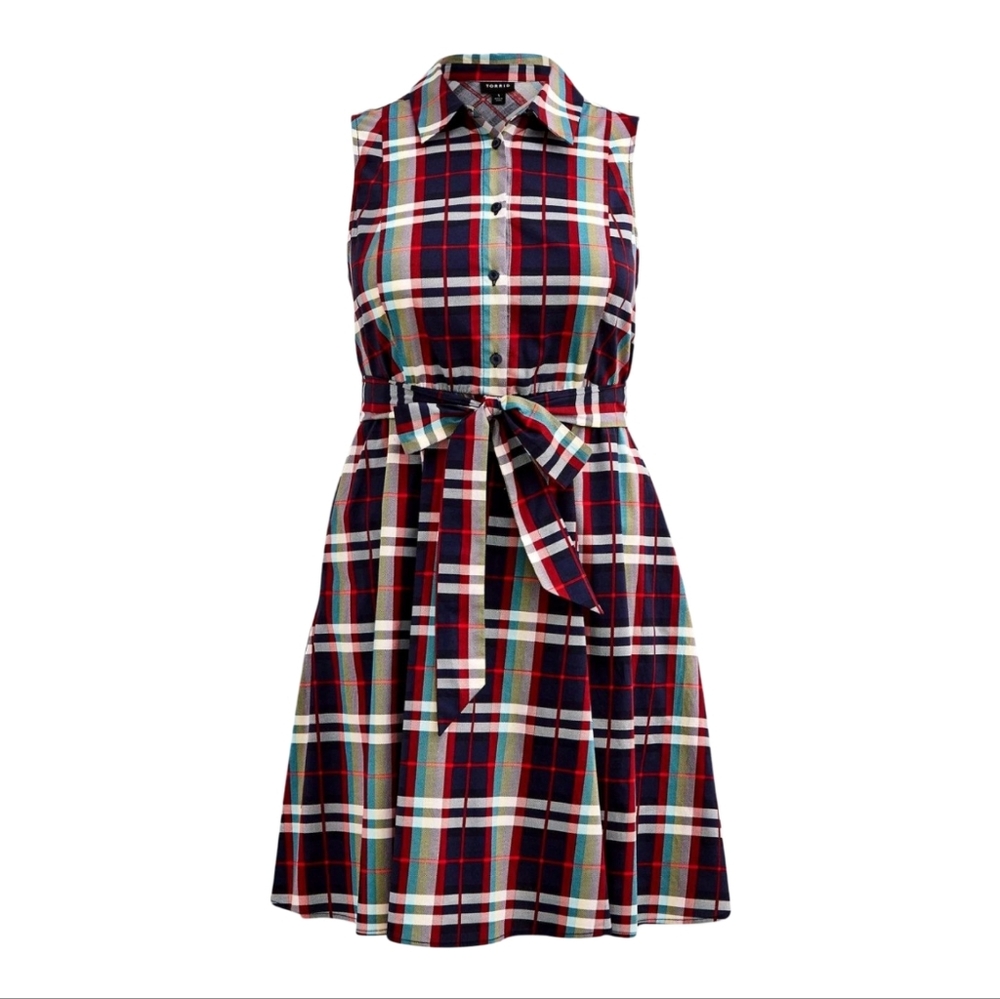 Torrid Womens Plus Size 4 Plaid Sleeveless Button Front Belted Shirt Dress Navy - Picture 1 of 9